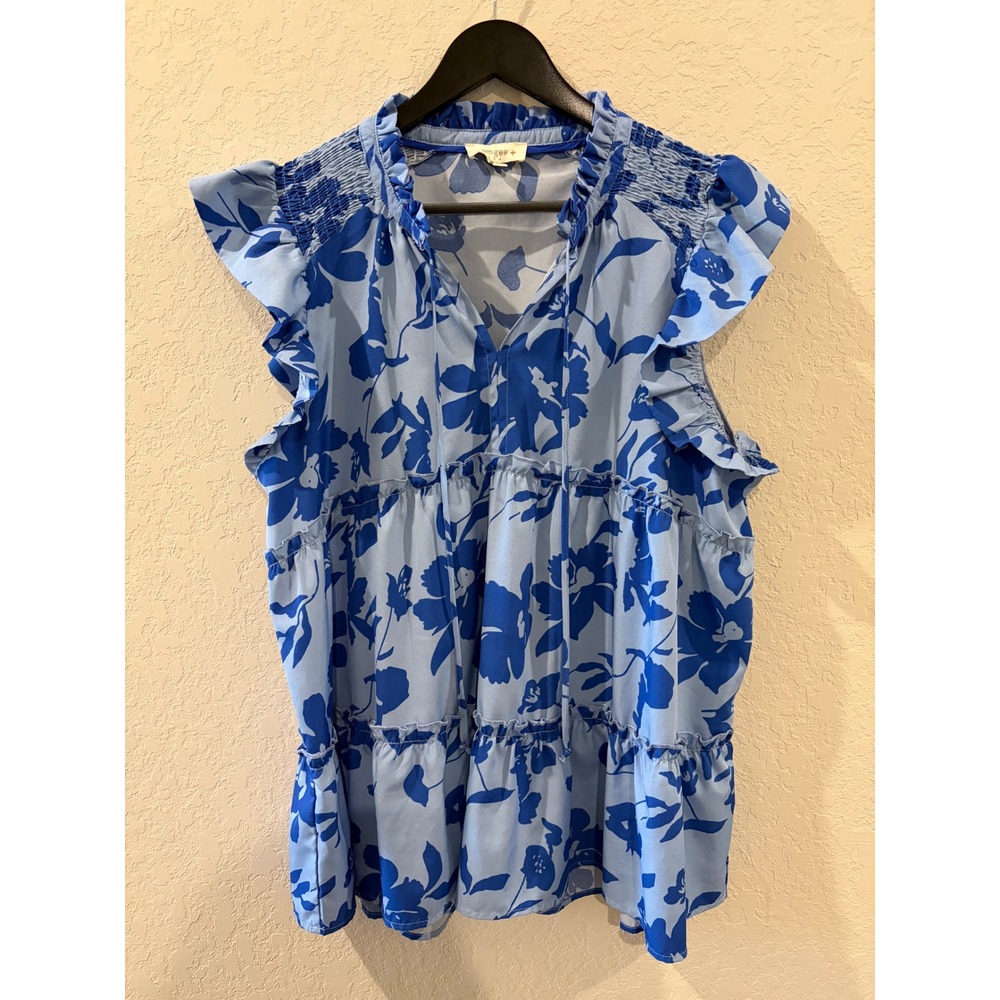 Umgee Floral Tiered Ruffle Sleeveless Blouse Blue XL Smocked V-Neck Top